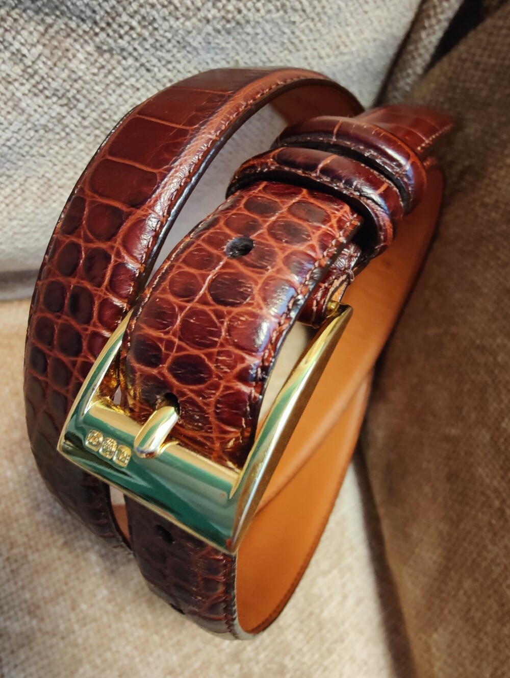 Ralph Lauren Croc-Embossed Leather Belt with Gold Buckle Marks RL 67, Size M - Picture 10 of 12
